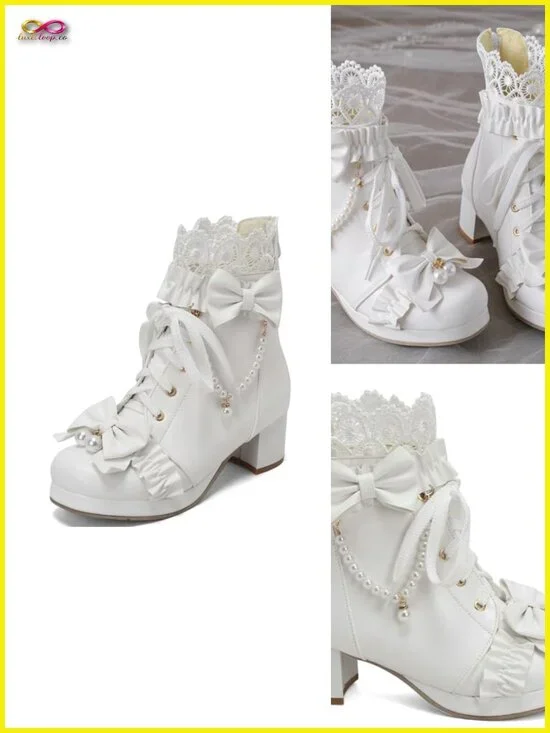 Chunky Mid Heel Lace Up Booties with Bow Platform Fashion Boots