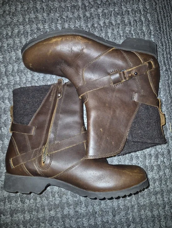 Nwot Teva Brown Leather Side-Zip Buckle Boots