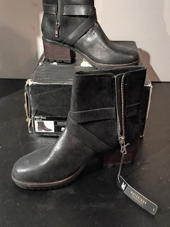 Sorel Black Leather & Suede Strapped Ankle Booties with Side Zip