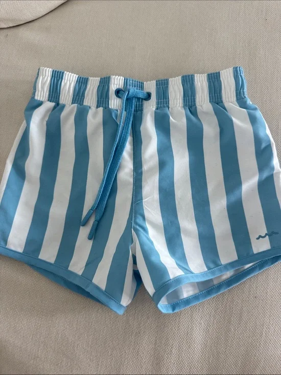 Kids Blue & White Striped Swim Trunks