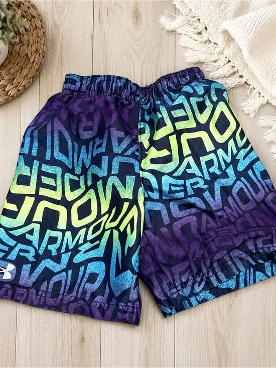 Under Armour Boys Swim Trunks Logo Print Mesh Lined Purple Blue Size 6/7
