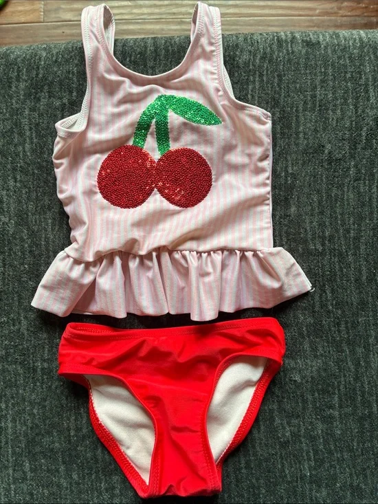 Cat & Jack Pink Tankini with Red Sequin Cherries and Red Bottoms