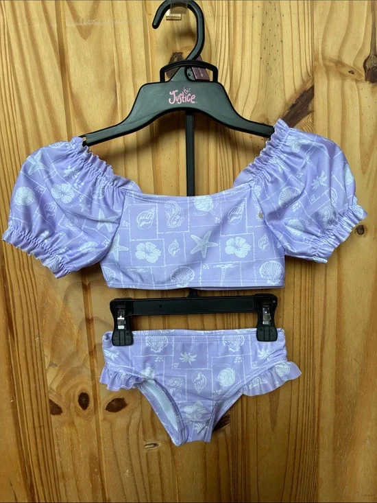 2t toddler Lilac Seashell Puff-Sleeve Two-Piece Swim Set
