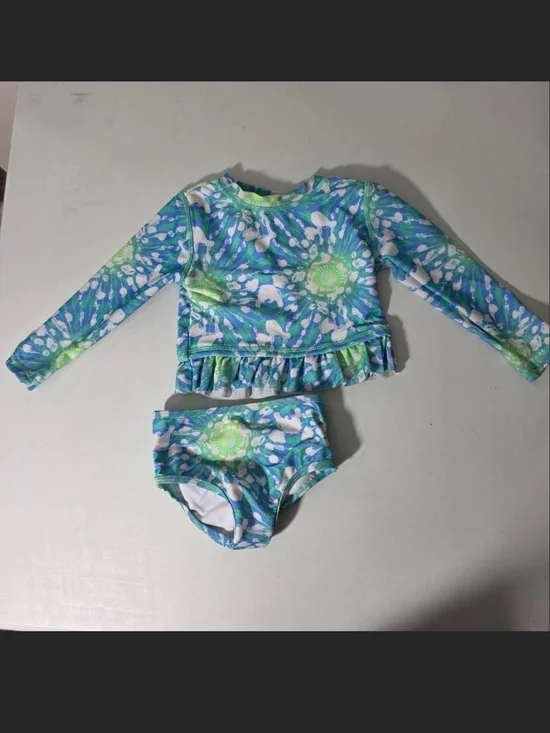 Girls Long-Sleeve Blue & Green Rashguard Swim Set with Ruffle Hem
