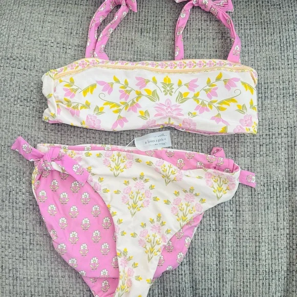 Pink & White Floral Kids' Bikini Set