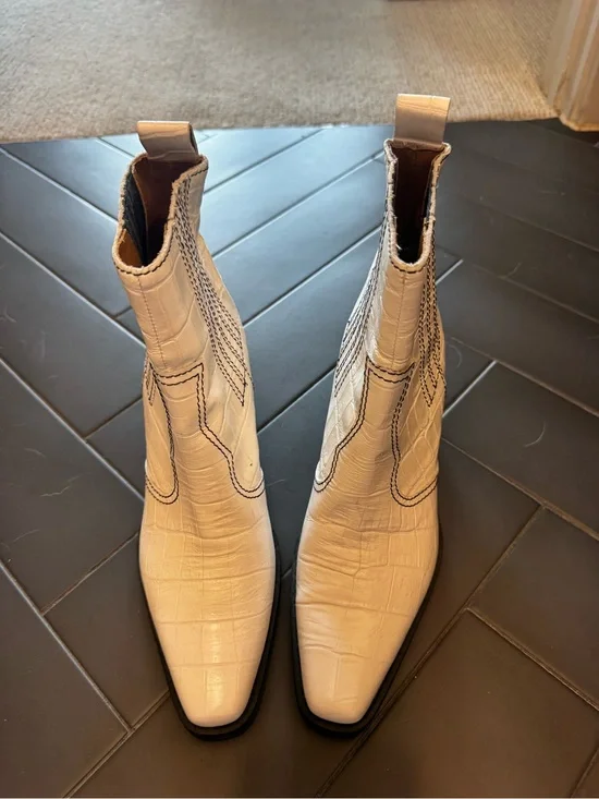 Ganni white Leather Croc-Embossed Chelsea Boots
