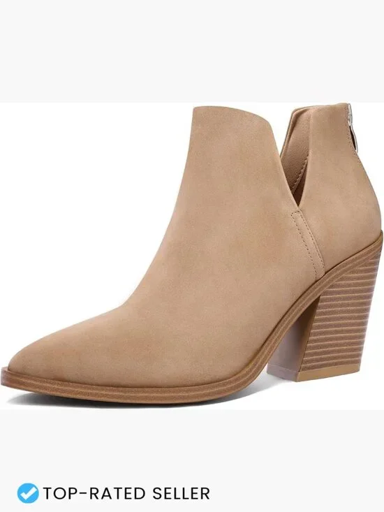Women's Ankle Boots Slip on Cutout Pointed Toe Chunky Stacked Mid Heel Booties