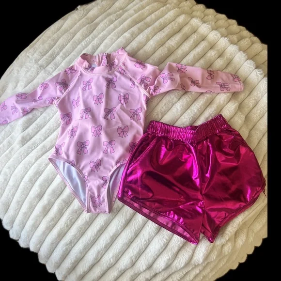 Pink Bows,Y2k,  UPF Swimsuit with shorts , Pink , Sparkling , Glam