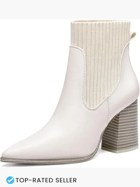 Pointed Toe Chunky Heel Knit Sock Booties Ankle Boots Chelsea Winter Dress Shoes