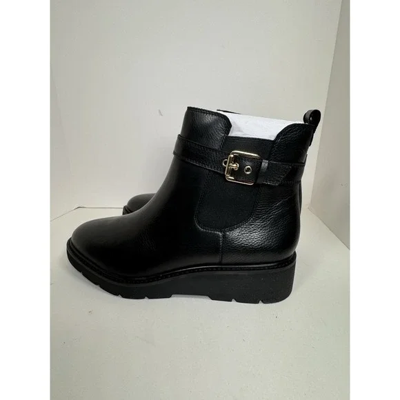 Franco Sarto Meridian Bootie Womens Size 10 Lug Sole Black Gold Buckle Fall New