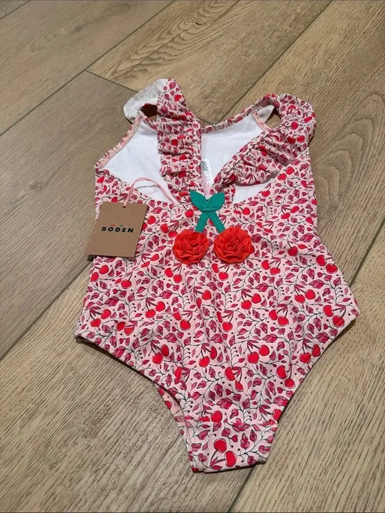 Boden Cherry Ruffle One-Piece Swimsuit - Pink, Red & Green