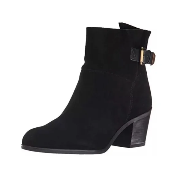 Franco Sarto Black Suede Leather Bootie Gold Buckle Sz 5.5