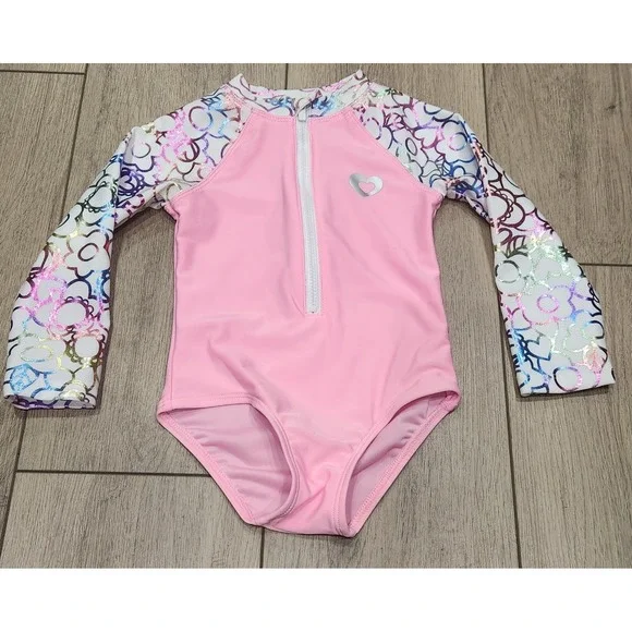 Toddler Girls Pink Hearts Flowers One Piece Swimsuit Rash Guard‎ Size 2T