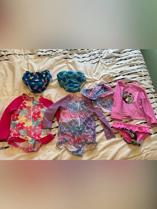Girls' Mermaid Print Long Sleeve Swimsuit & Swim Set - Pink & Purple
