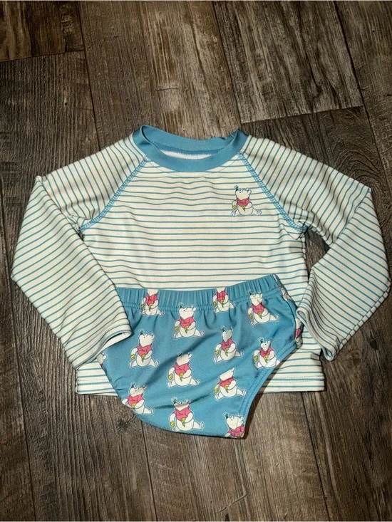 Kids Blue Striped Rash Guard Set with Playful Bear Print