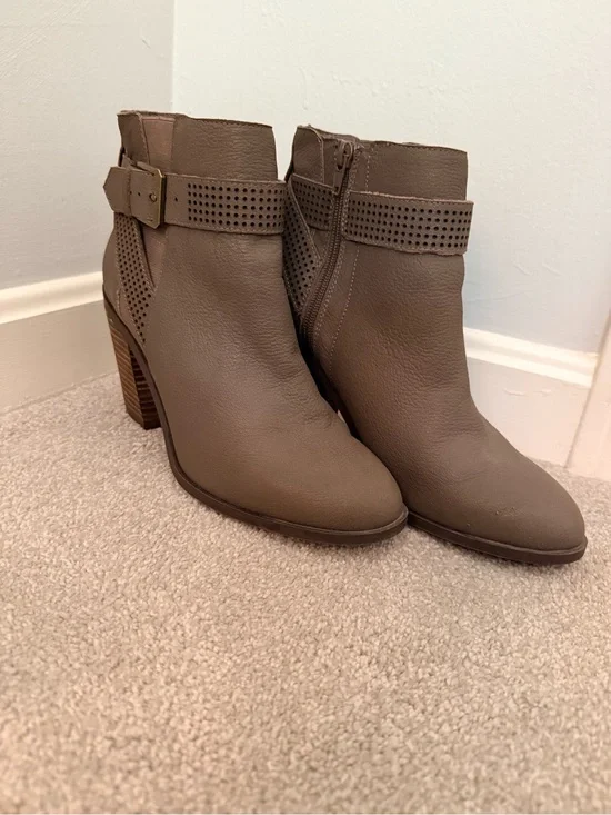 Crown Vintage Taupe Perforated Strap Ankle Booties with Buckle
