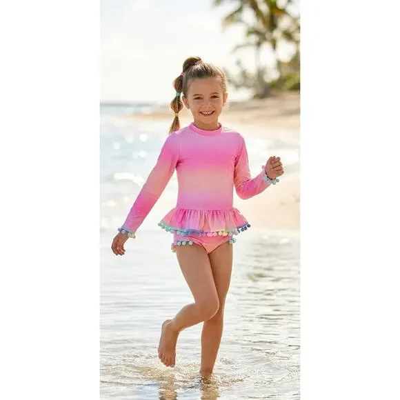 NWT❤️Betsey Johnson Girl's Long Sleeve 2 Pc Rash Guard Tankini Swimsuit sz14