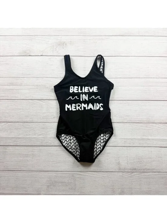 Art Class Believe In Mermaids Black One Piece Swimsuit Girls M 7-8