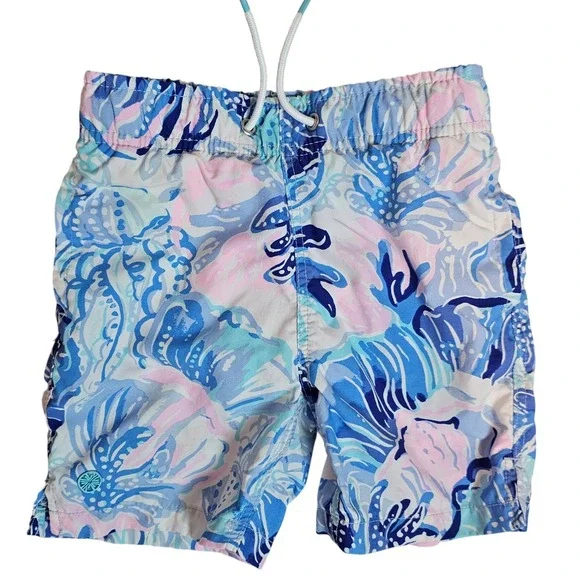 Lilly‎ Pulitzer Pink Blue Boys Swim Trunk Junior Capri Lined Size XS Beach