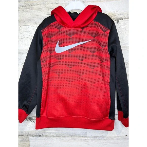 Nike Pullover Hoodie Boys 6 Red Black Graphic Therma-FIT Sportswear GUC*