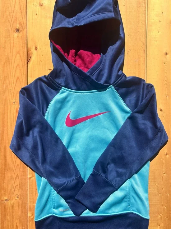 Nike Girls Navy & Teal Hooded Pullover with Pink Swoosh