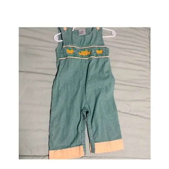 Green Gingham Pumpkin Embroidered Smocked Sleeveless Romper‎ One-Piece 12M