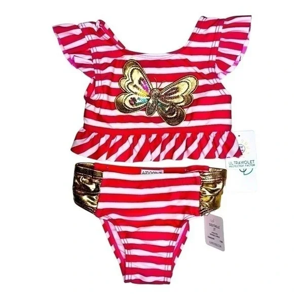 Flapdoodles 3T Girls 2 Piece Swimsuit Pink Gold Sequin Butterfly‎ NWT