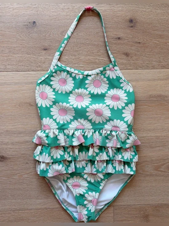 Mini Boden Girls Daisy Ruffle One Piece Swimsuit Green Pink Floral Size 9-10Y*T2