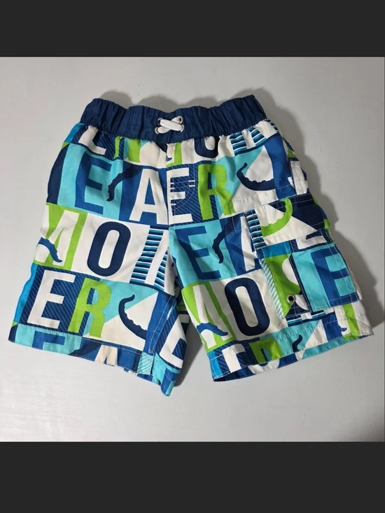 Kids Blue & Green Letter-Print Swim Trunks with Cargo Pocket