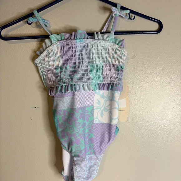 Ocean‎ Pacific Girls Size 5 2 Piece Swimsuit Set Aqua Purple Patchwork Smocked
