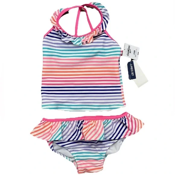 🆕Oshkosh baby girls two piece pastel multicolor striped swim suit 24 mos‎ NWT