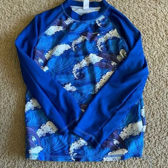 Girls Blue Dolphin Long Sleeve Swim Shirt Rash Guard