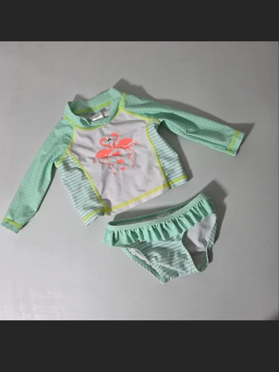 Kids Mint Flamingo Rash Guard Swim Set - Long Sleeve Top & Ruffle Bottom