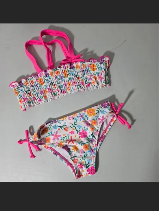 Girls' Floral Pink Tie-Accent Bikini Set