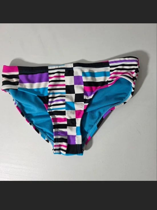 Girls’s Geometric Stripe Bikini Bottom - Teal, Purple & Pink