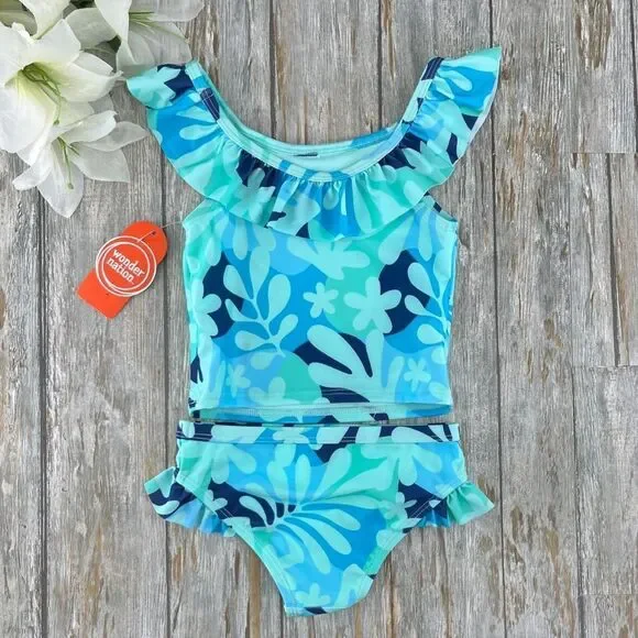 Toddler Girl Tropical Print Ruffle Tankini Swimsuit Two-Piece, Size 2T