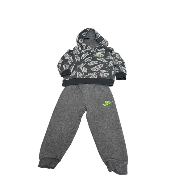 Nike Toddler 24M Tracksuit Hoodie Sweatpants Set Gray Black Neon Logo Print