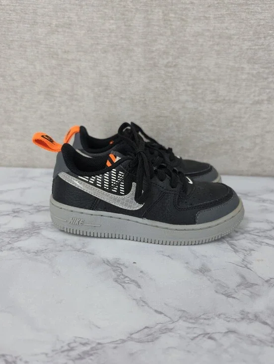 Nike Air Force Lv8 Kids Black & Gray Low-Top Sneakers with Orange Accent