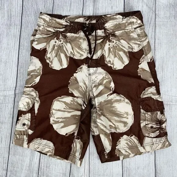 Arizona youth boys L mesh lined tropical print bathing suit brown & white