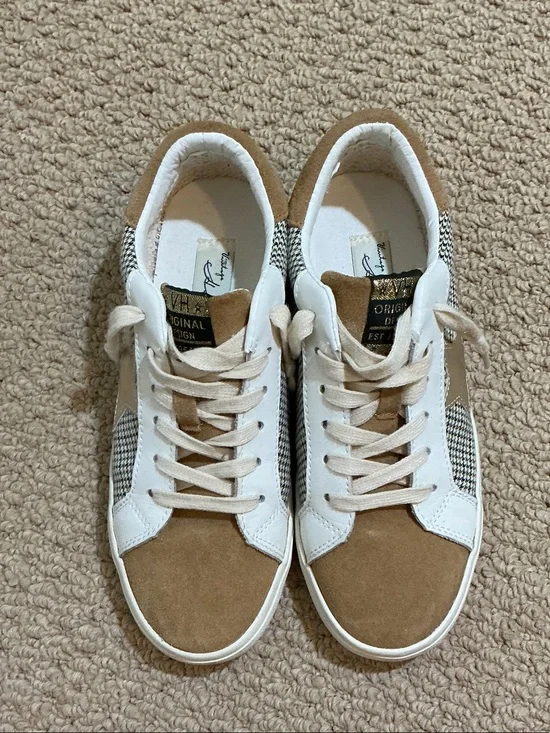 Vintage Havana Tan Suede & White Leather Sneakers with Houndstooth Trim