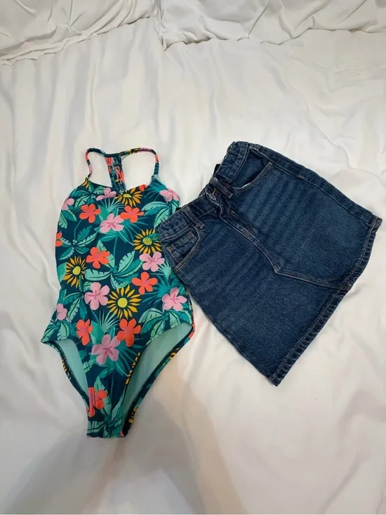 art class Teal Swimsuit with Pink & Orange Floral Print