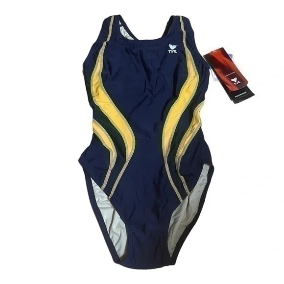 TYR Girl’s  Alliance Splice Maxback Swimsuit - Navy Gold - Size 32 (13/14) NWT