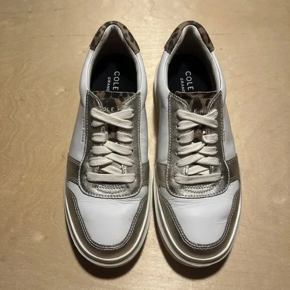 Cole Haan Women GrandPro Rally Court White Gold Leather Leopard Sneaker Size 6.5