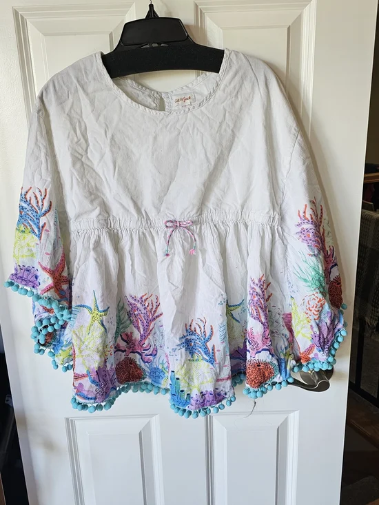 Cat & Jack White Swim Coverup with Turquoise Pom Trim and Multicolor Embroidery