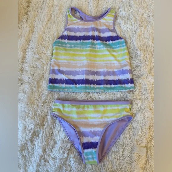 Eddie Bauer Girls Tankini Swimsuit Set Stripe Purple Green Size 14/16 NWOT