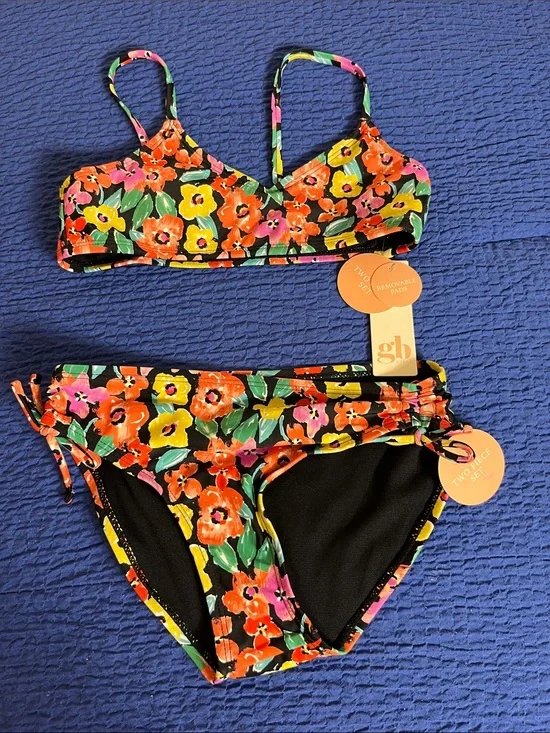GB girls Black Floral Two-Piece Bikini with Orange, Yellow & Pink Flowers