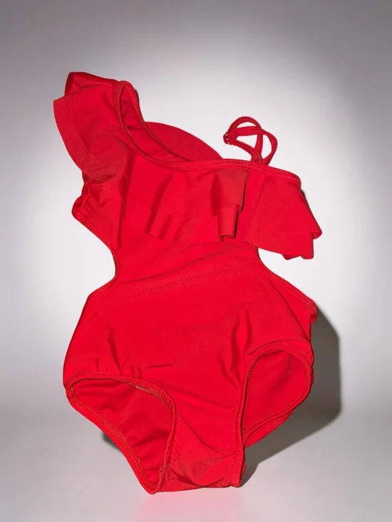 Girls' Red One-Shoulder Ruffle One-Piece Swimsuit