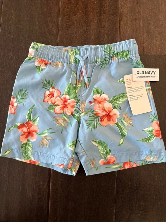 NWT Old Navy Blue Boys Tropical Hawaiian Swim Trunks