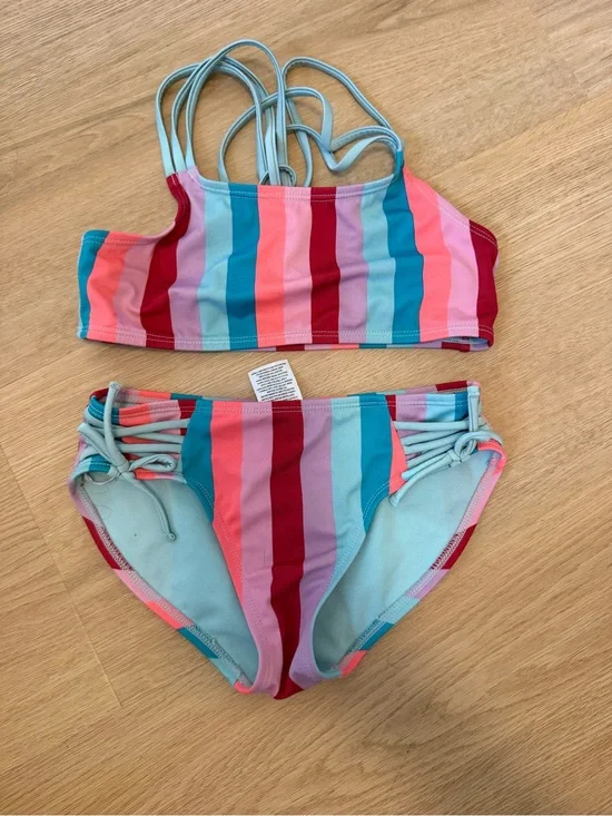 art class Girls' Stripe Two-Piece Bikini - Teal, Coral, Pink & Red