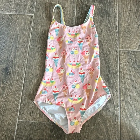 Mini Boden / Crisscross One-Piece Girls Swimsuit in Pink Tourmaline Ice Cream